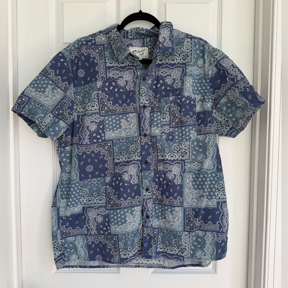 American Eagle Outfitters Blue and Gray Men's Patchwork Shirt